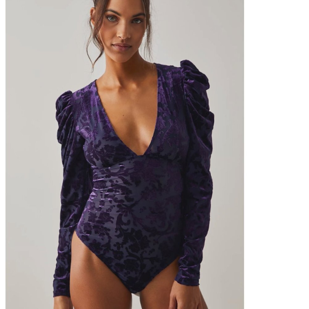 Sold Magic Hour Velvet Bodysuit Deep Sea Combo Purple Medium NWT